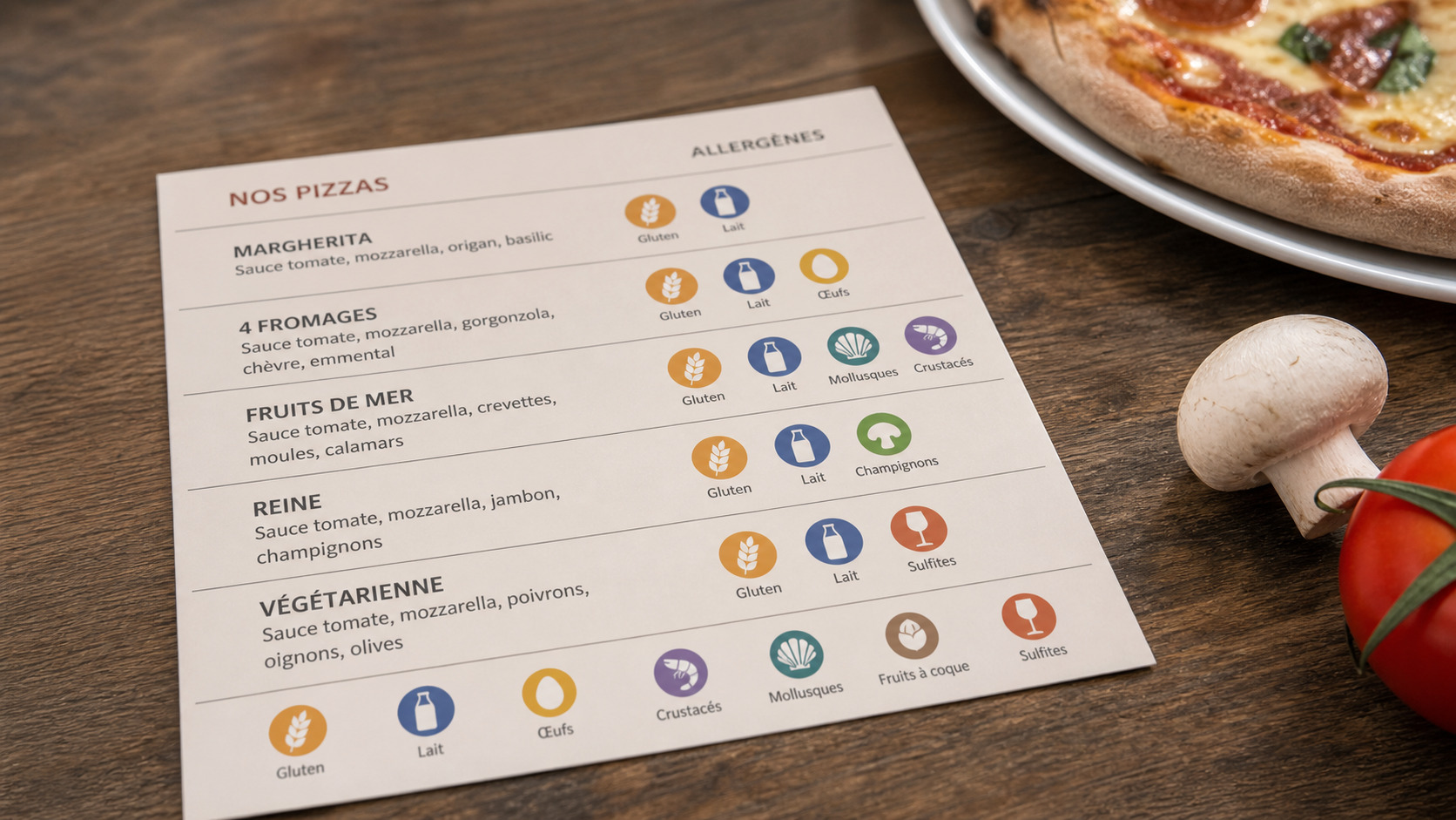 Carte de pizzeria avec pictogrammes d'allergènes à côté des pizzas