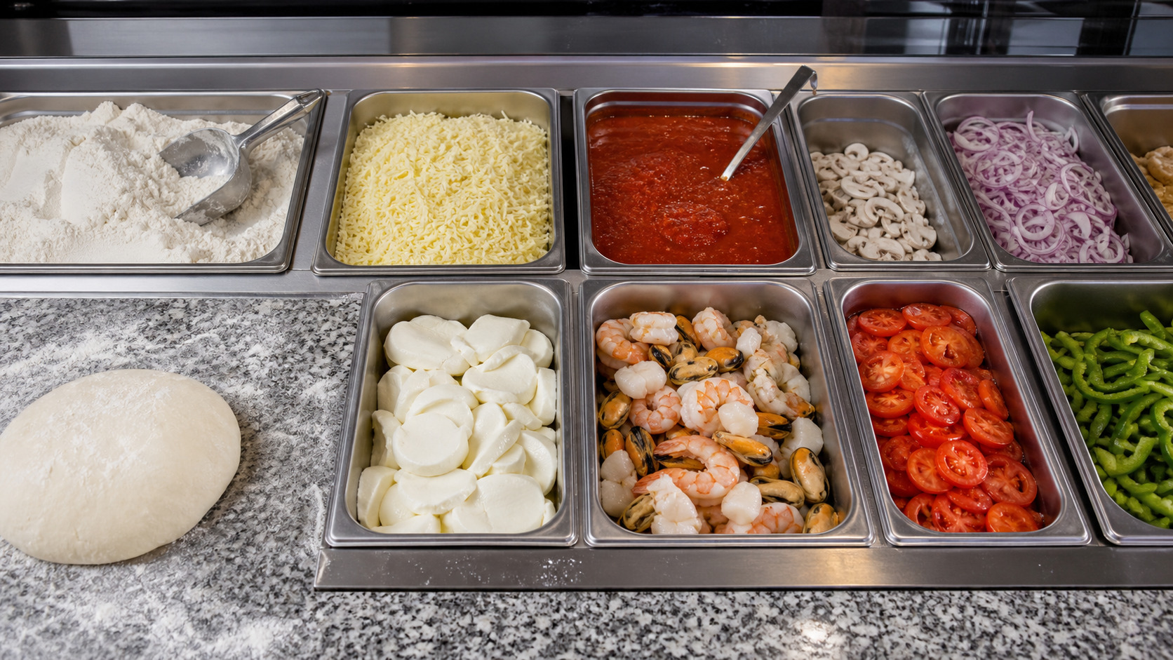 Ingrédients de pizza séparés dans des bacs avec fromage, farine et fruits de mer
