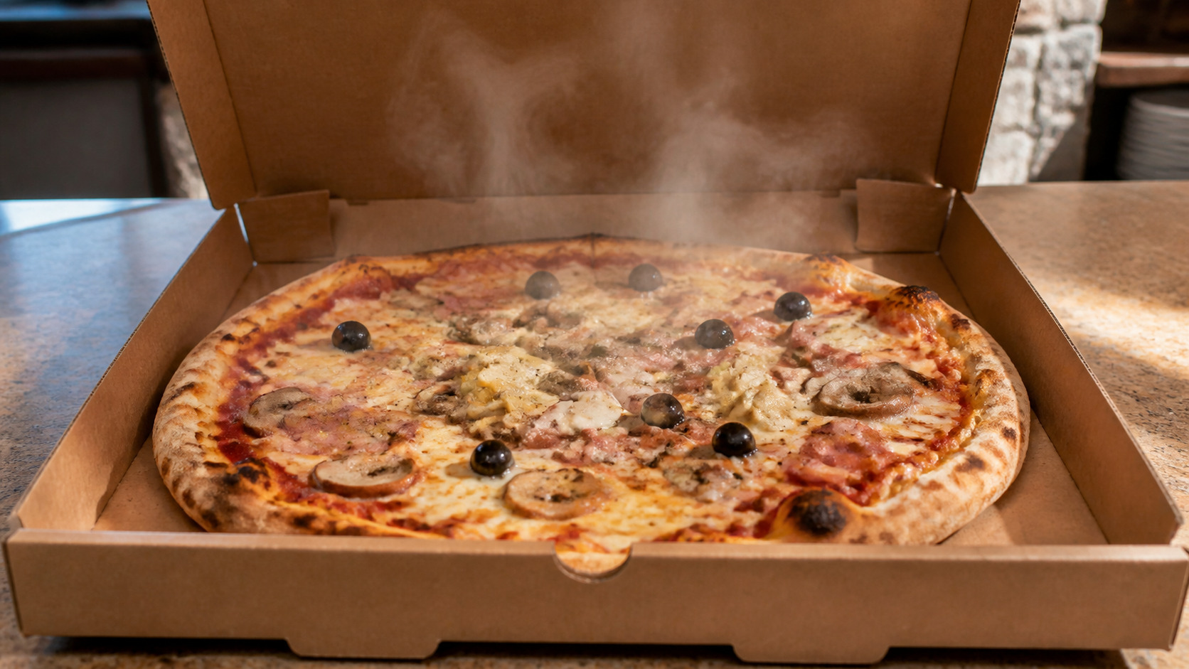 Pizza chaude dans un carton ouvert avec vapeur visible
