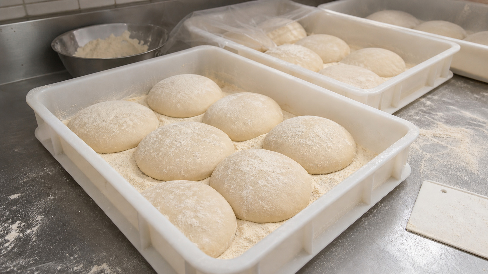 Pâtons de pizza en fermentation dans des bacs farinés