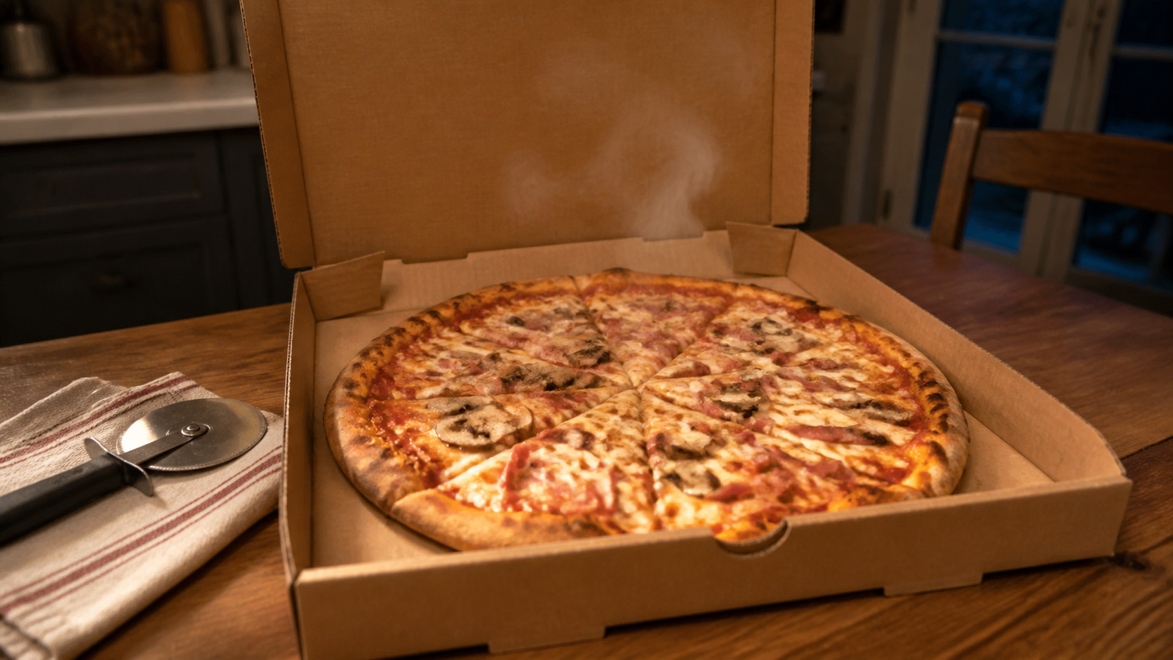 Carton de pizza livré ouvert avec pizza chaude et pâte dorée