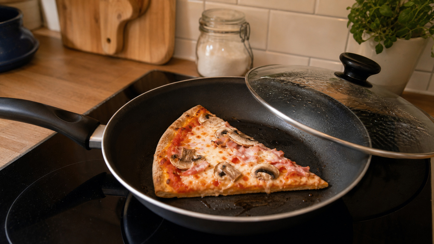 Part de pizza réchauffée dans une poêle avec couvercle