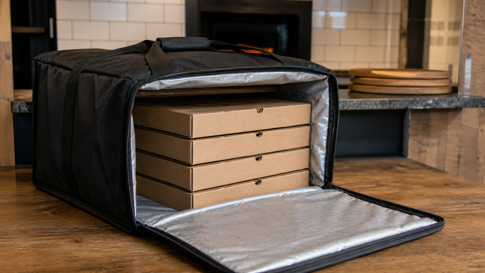 Sac isotherme de livraison avec plusieurs cartons de pizza